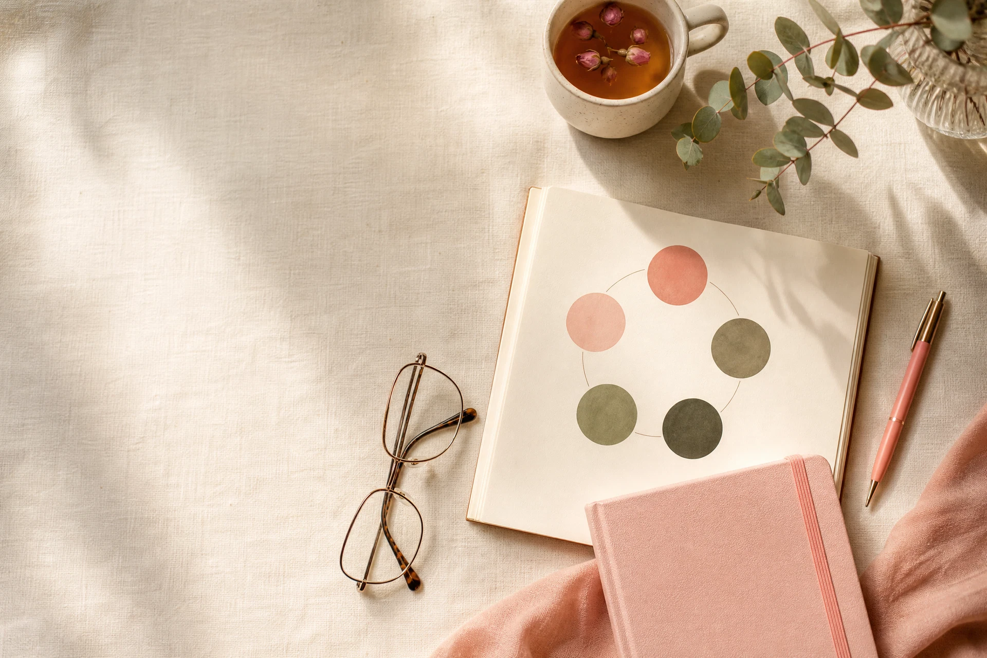 Wellness journal, tea, and botanical sprig arranged on an ivory desk